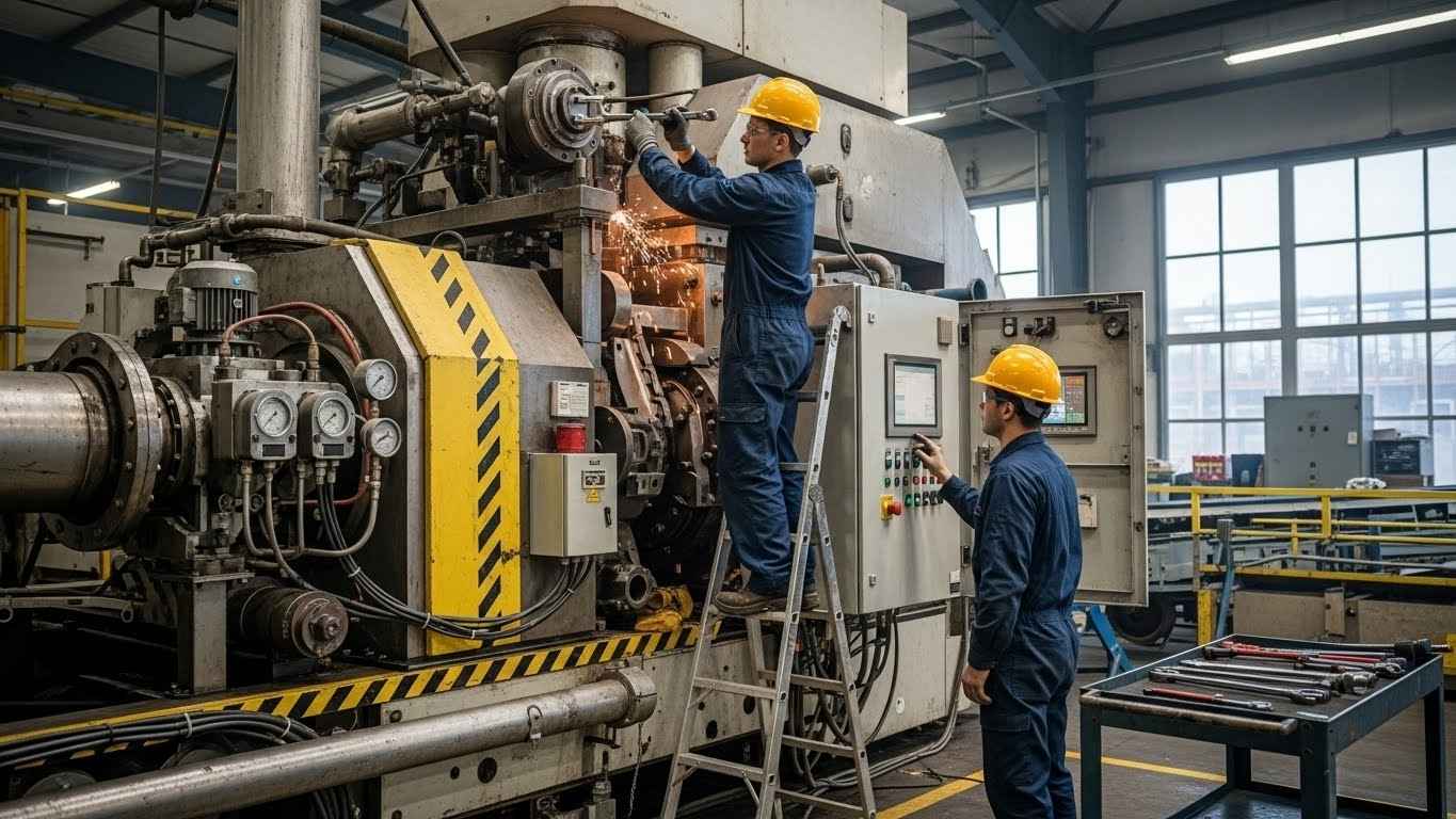 Equipo técnico realizando mantenimiento preventivo en maquinaria industrial