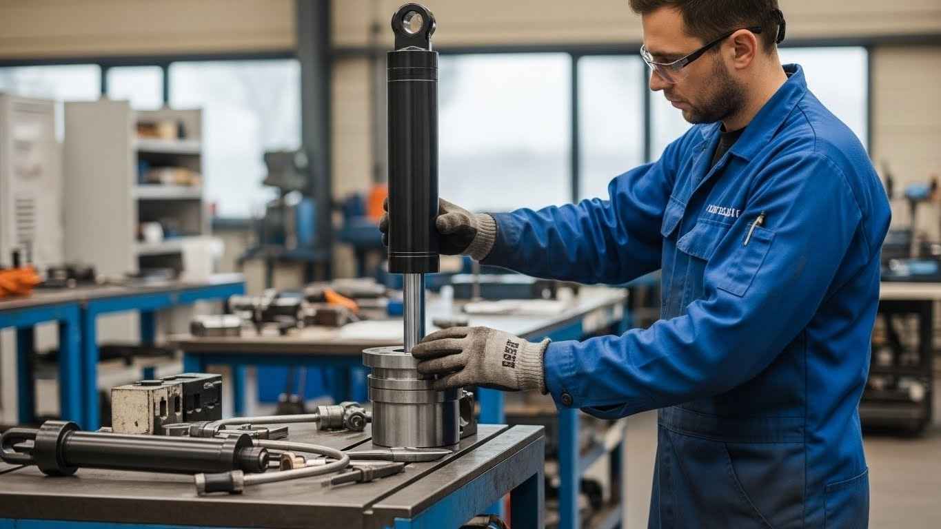 Técnico reparando cilindro hidráulico en taller especializado